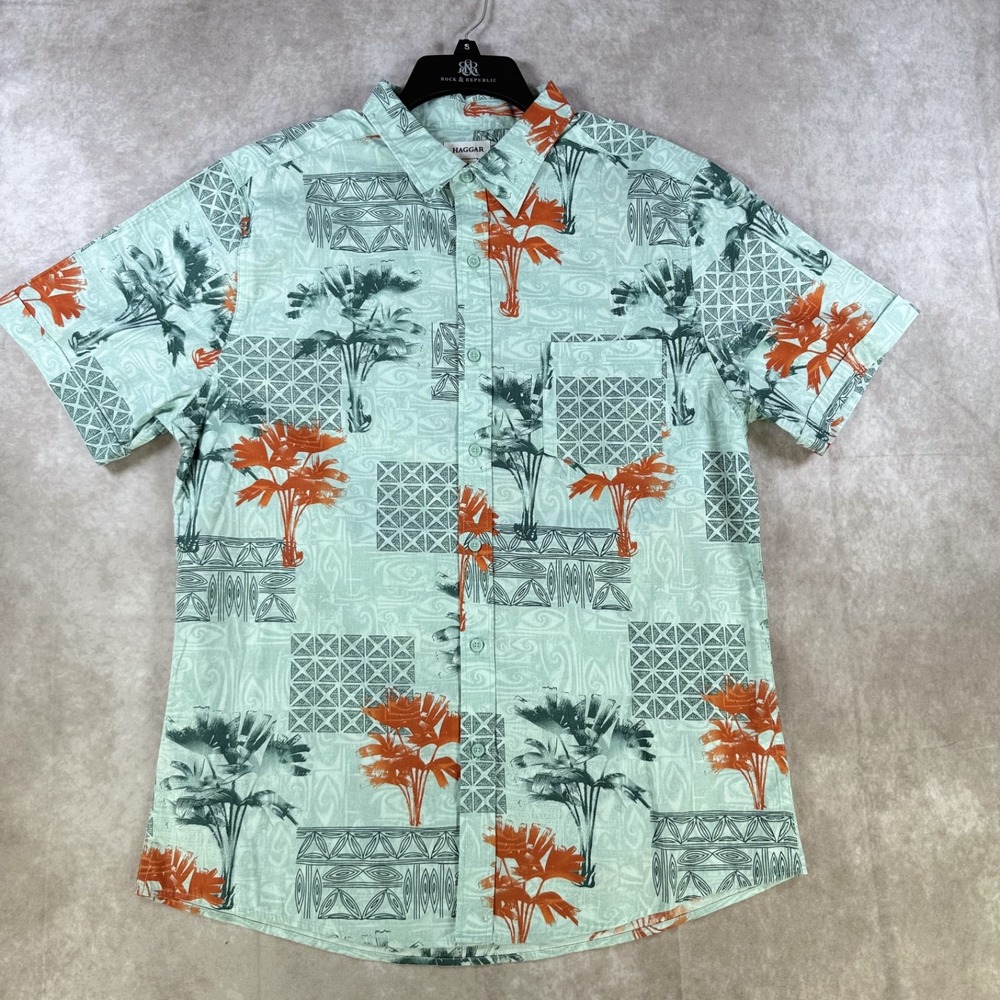 Haggar Hawaiian Shirt Men Large Blue Tuckless Tropical Beach Aloha Floral Button